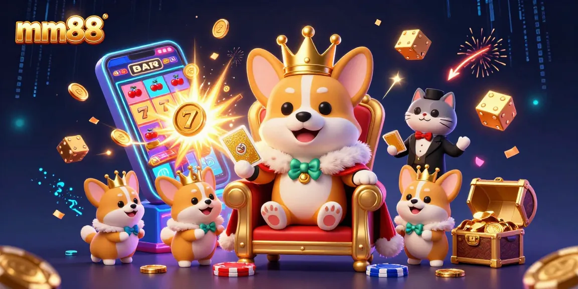 Spin to win at mm88 with a royal corgi on a poker chip throne amidst slot machine excitement.