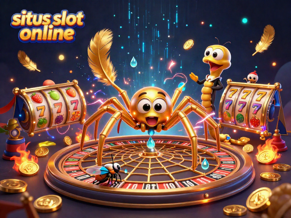 Pemain berjudi di situs slot online BURSA777, mengelilingi simbol keberuntungan dan koin emas.