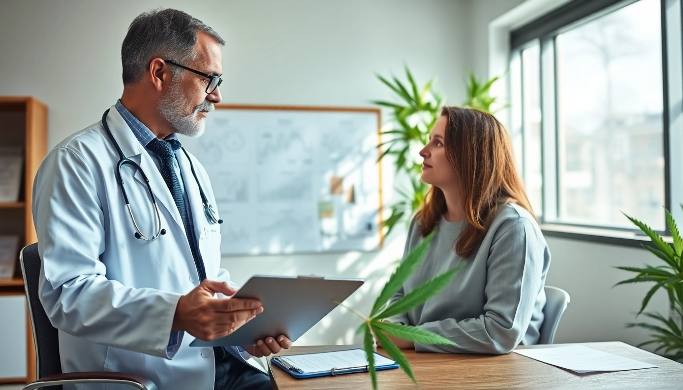 Consulting on a Medical marijuana card in a bright clinic setting with professional doctor.