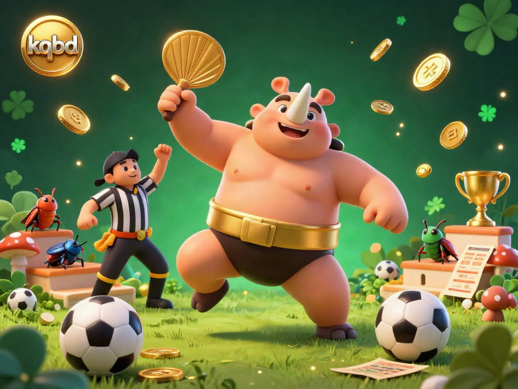 Kqbd sports betting scene featuring a sumo beetle champion amid flying coins.