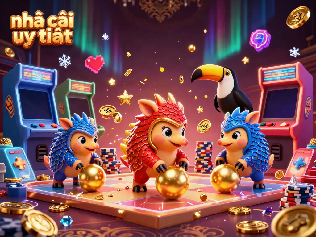 Engaging scene depicting nhà cái uy tín with rival pangolins playing in a lively casino environment filled with bright arcade games and poker chips.