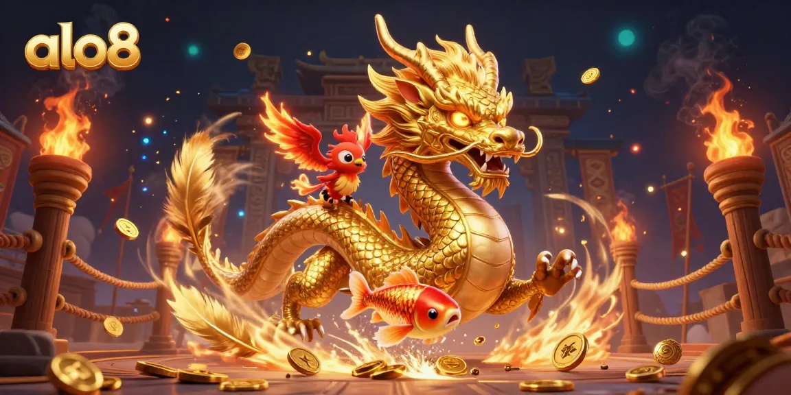 Experience excitement with alo8, the premier online casino, featuring dynamic 3D golden dragon and phoenix.