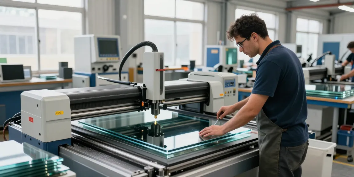 Technician using cutting machine glass in a high-tech workshop environment.