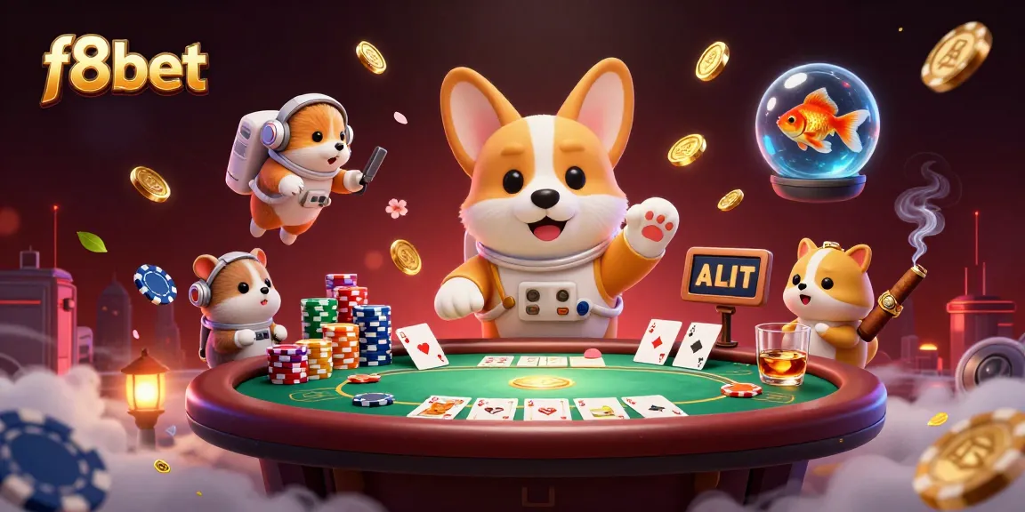 Bet on f8bet with a vibrant casino scene featuring an astronaut corgi and poker elements.
