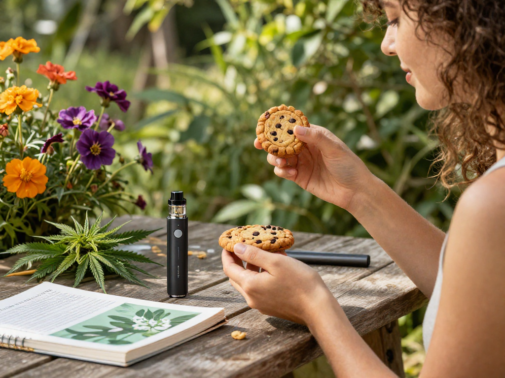 Cookies THC vape pen and CBD-infused products in a serene outdoor setting, promoting natural wellness.