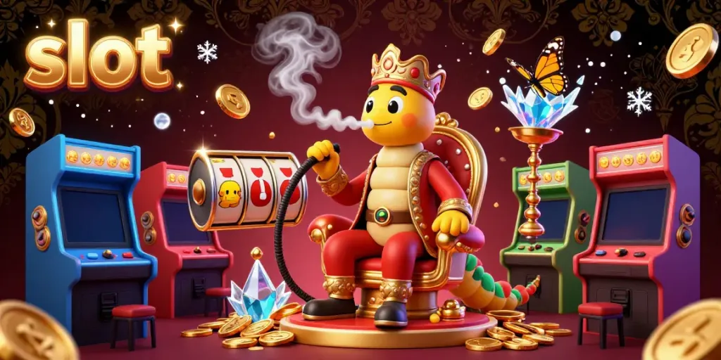 Experience exciting slot gaming with vibrant 3D representations of casino elements surrounding a whimsical caterpillar character.