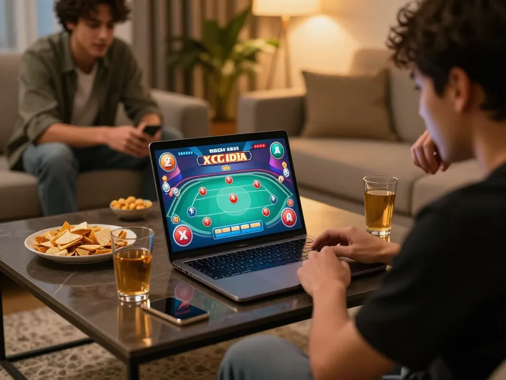 Xóc đĩa online gameplay with focused player engaging in strategic betting at home setup, showcasing vibrant online graphics.