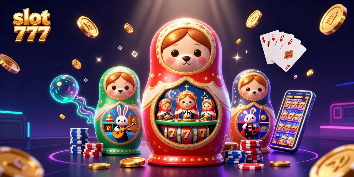 Menggulung slot 777 dengan tema kasino, termasuk karakter beruang Matryoshka dan sinar cahaya yang memancarkan elemen permainan.