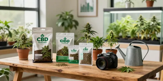 Cannabissamen kaufen displayed prominently in a home gardening environment with seed packs, soil, and plants.