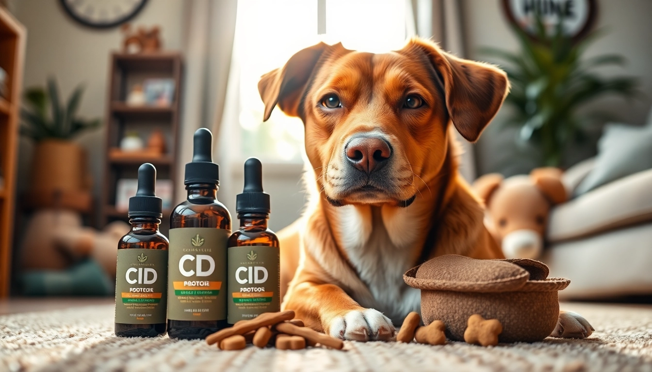 Showcase the benefits of CBD For Pet with a dog peacefully resting next to CBD oil and treats.