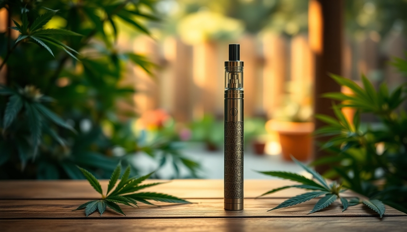 Elevated cannabis vape pen surrounded by foliage, emphasizing a sleek design and natural vibe.