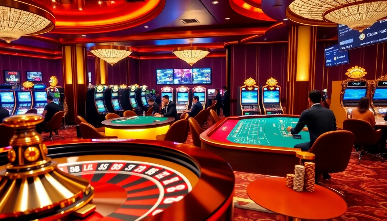 Experience the Go8 gaming excitement with a vibrant casino scene featuring roulette, blackjack, and slot machines.