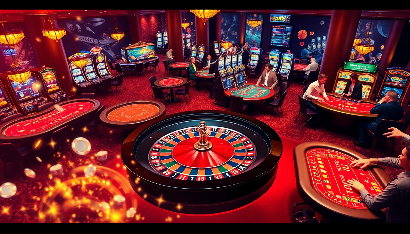 Exciting casino scene showcasing live games at Marvelbet.site, featuring roulette wheels, poker tables, and slot machines.