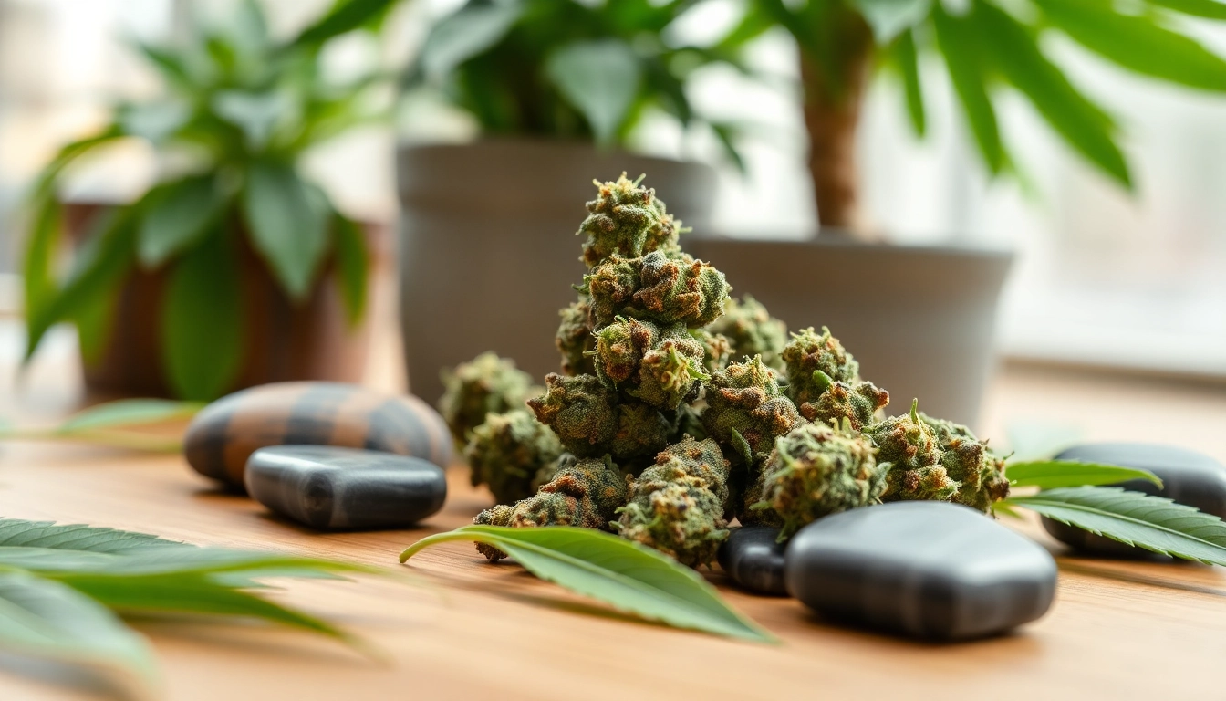 Displaying fresh Mental Wellness CBD buds on a wooden table surrounded by natural elements.
