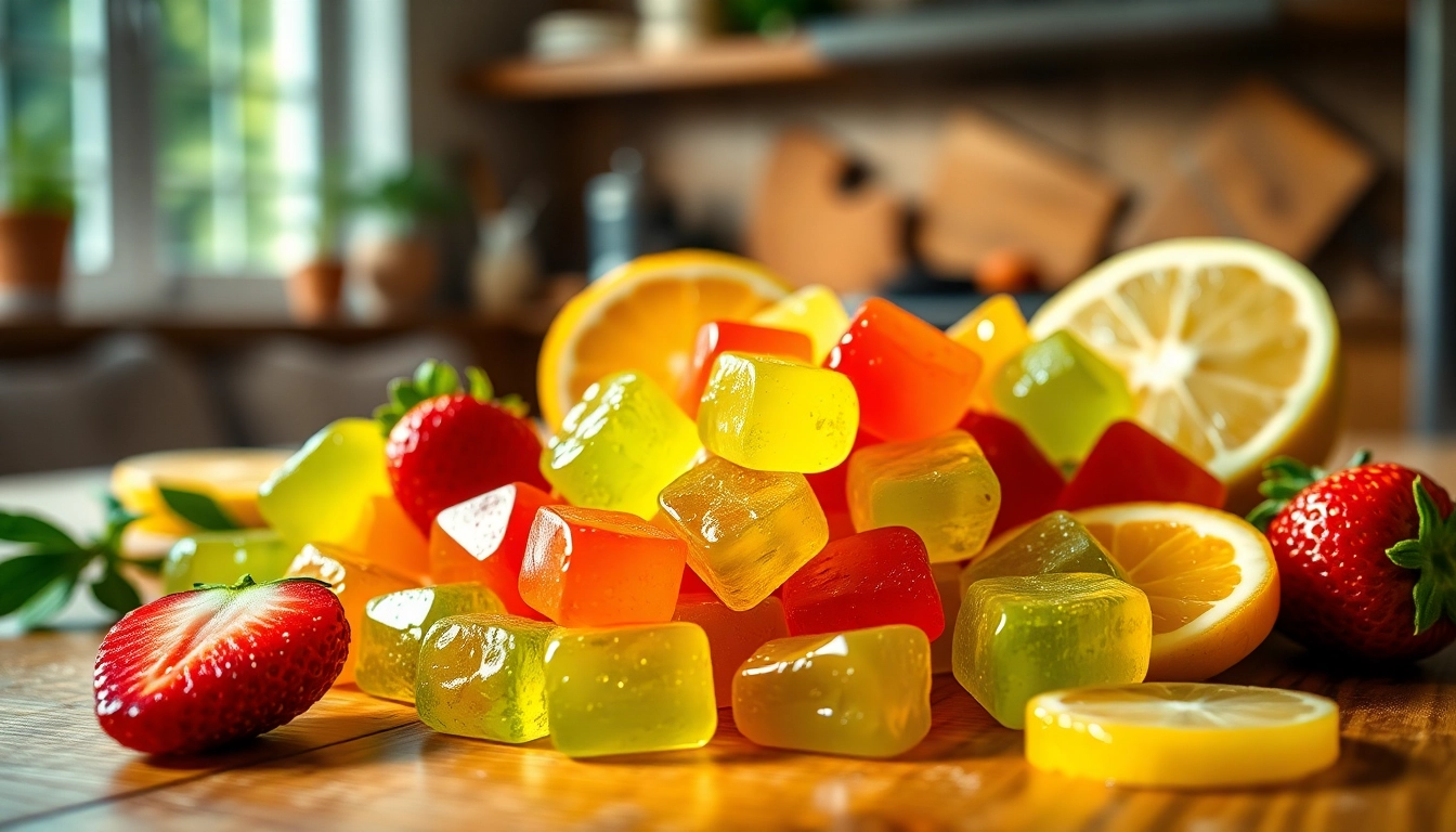 Vibrant weed gummies displayed attractively with fresh fruits enhancing visual appeal.