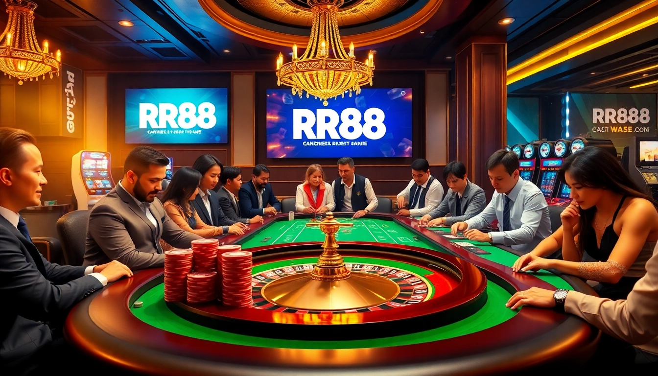 Experience high-stakes gaming at RR88 with a luxurious casino ambiance featuring roulette and poker action.