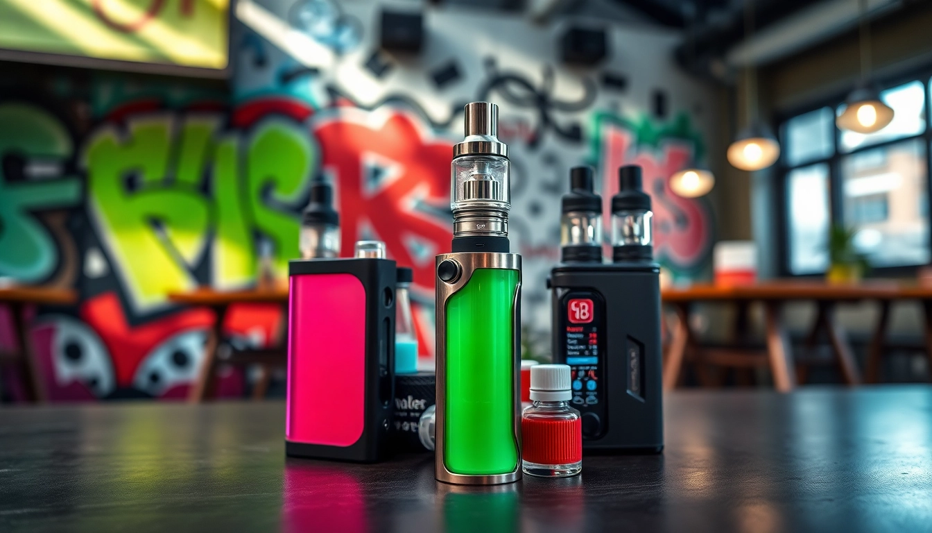 Engaging scene of Vape & E-Liquids showcasing colorful devices and e-liquids in an urban café setting.