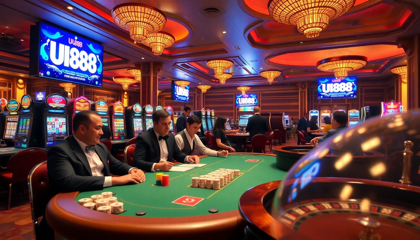 Players enjoying the thrill of gambling at UU88's vibrant casino, featuring roulette and poker games.