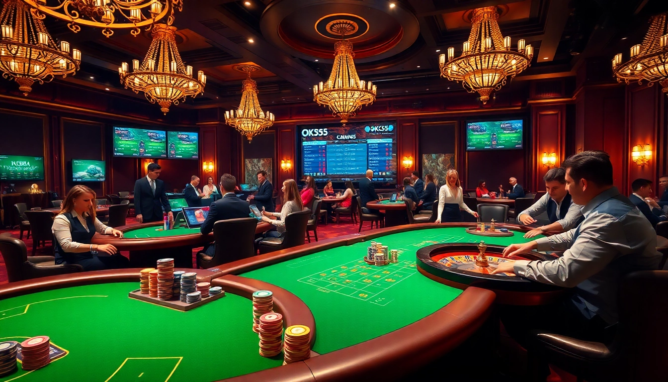 Players experiencing the thrill of gaming at OK365, featuring luxury tables and vibrant poker chips.