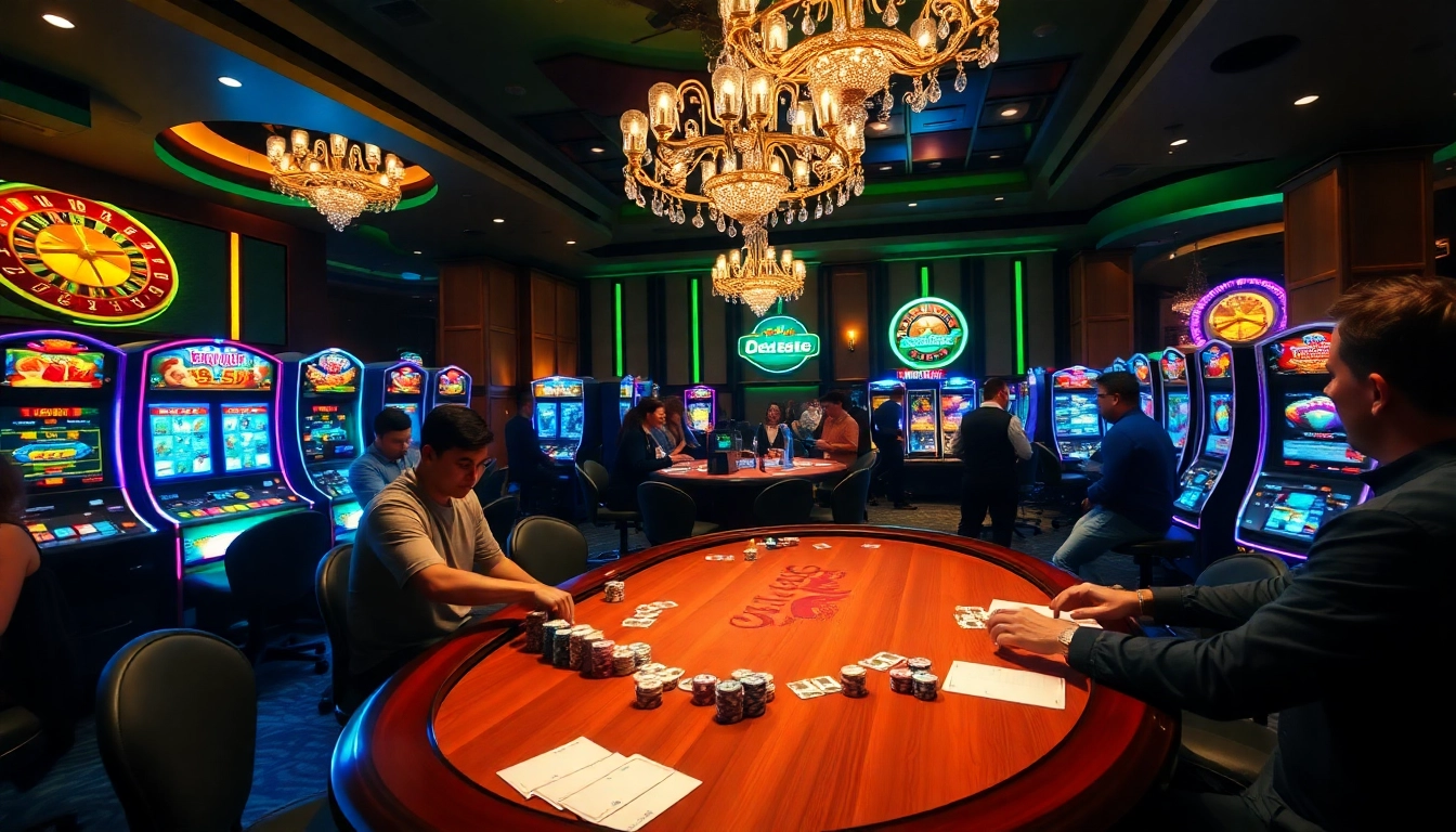 A thrilling casino scene featuring players betting with depo 5k chips at a vibrant poker table.