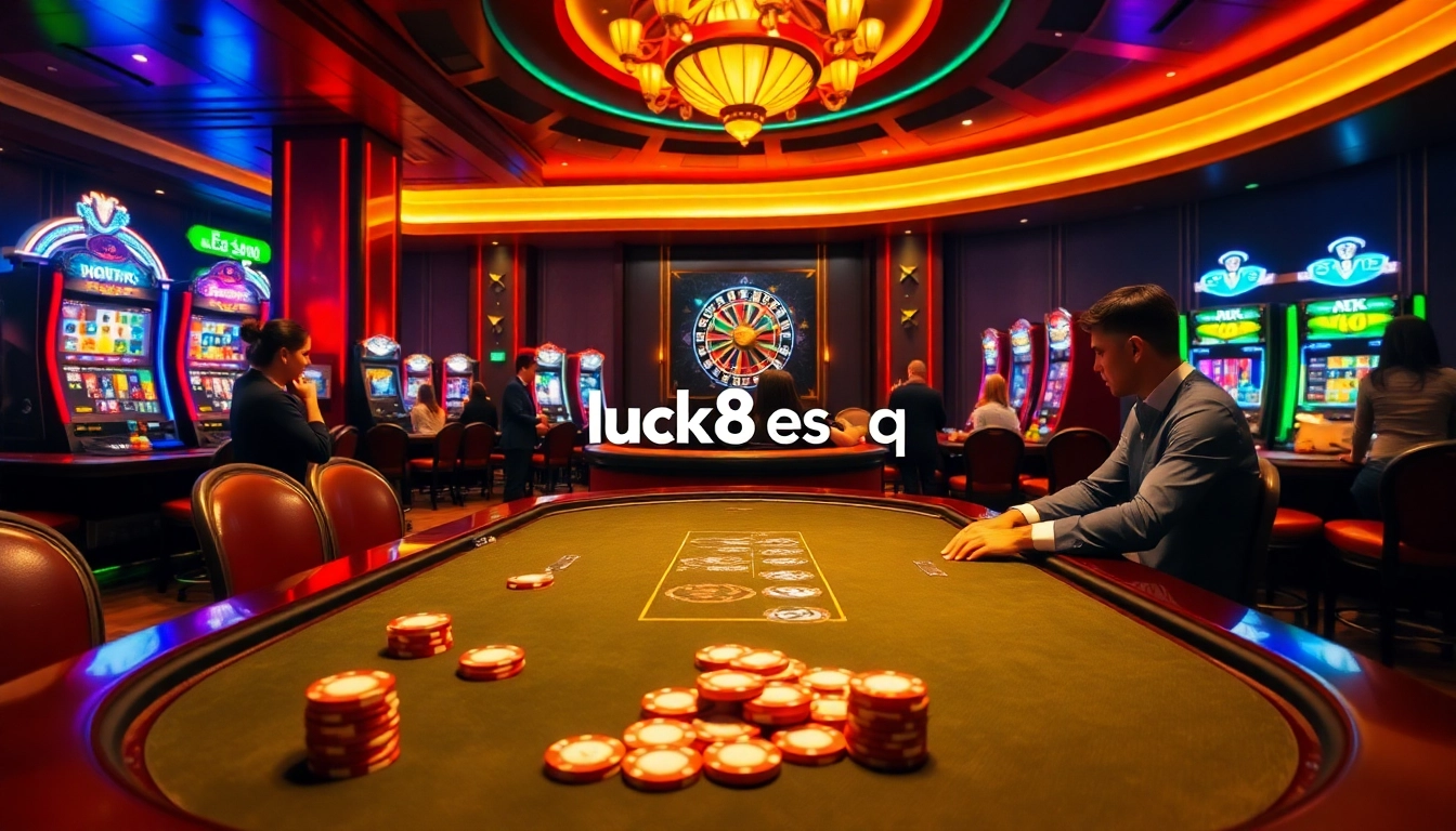 Luck8 esq - players enjoying a vibrant casino scene with poker chips and roulette wheel.