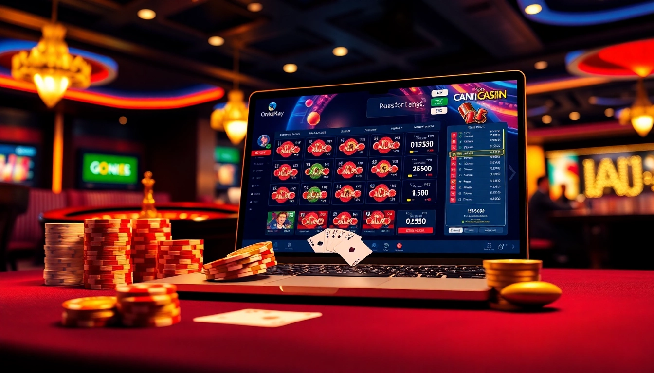 Experience the excitement of onicplay with vibrant casino visuals, featuring poker chips and gaming tables.