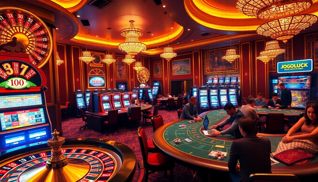 Experience the thrill of betting at JOGOLUCK's vibrant casino with lively tables and sparkling slot machines.