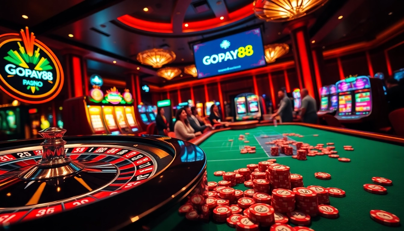 Gambling excitement with Gopay88 showcasing a vibrant casino scene filled with roulette and slots.