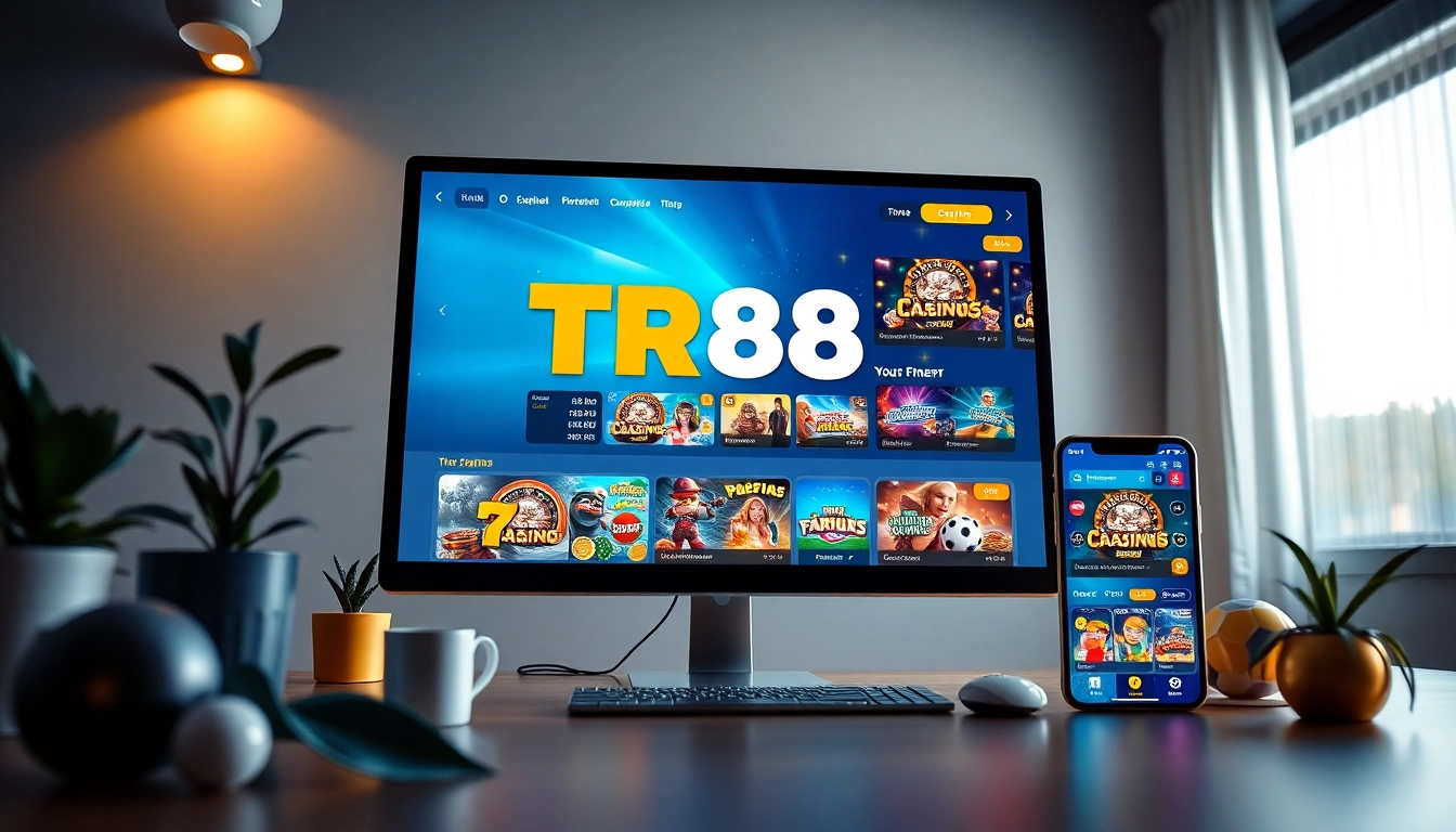 TR88 online entertainment platform showcasing interactive gaming features on a computer and mobile device.