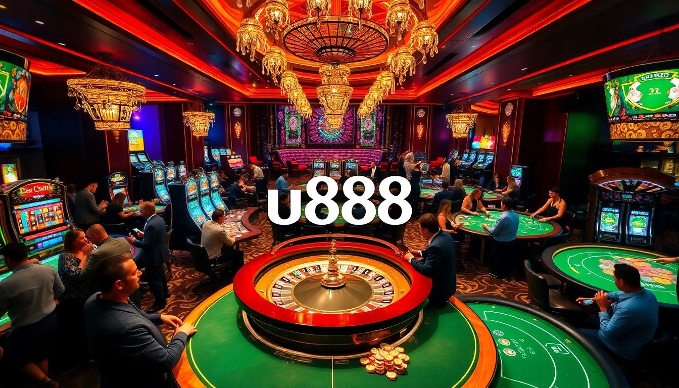 Players enjoying u888 online casino games and celebrating wins in a luxurious setting
