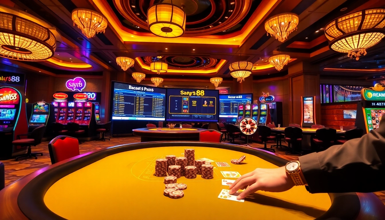 Feel the thrill of say88 at an elegant casino table with poker chips and cards.
