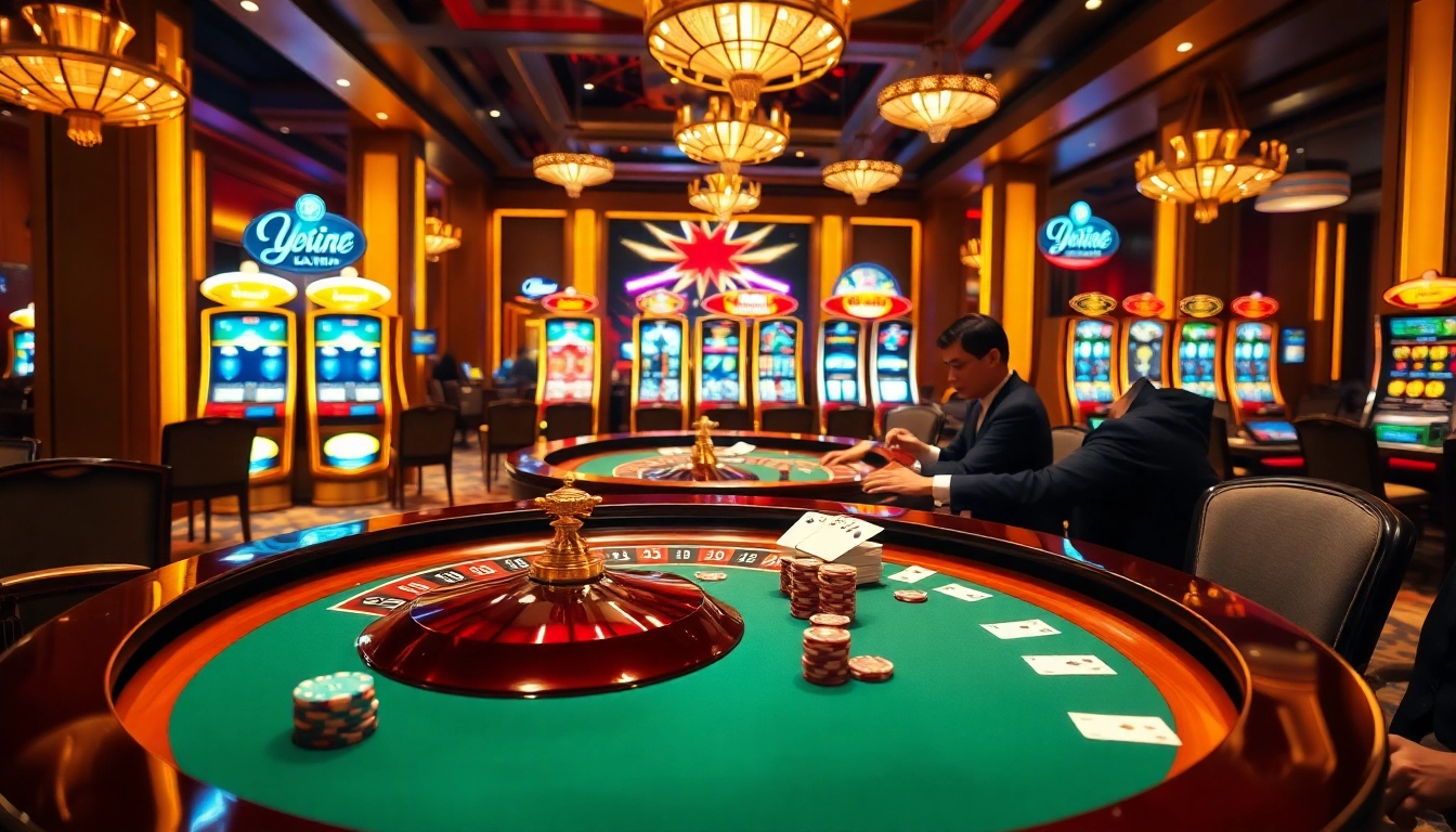 Experience luxury gaming with liên minh kjc at an upscale casino featuring roulette and blackjack.