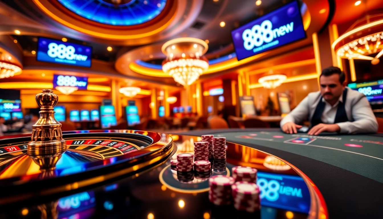 Experience high-stakes gambling action at 888new with casino tables and poker chips.