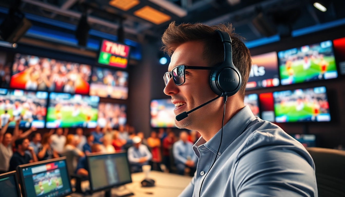 Dynamic sports broadcasting setup featuring an energetic broadcaster and multiple screens displaying events.