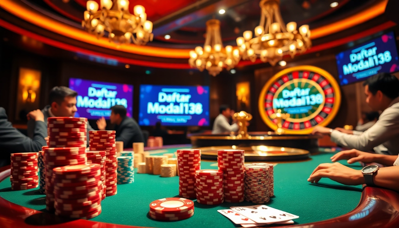 Engage in the excitement of Daftar Modal138 gaming with vibrant poker chips and a roulette wheel.