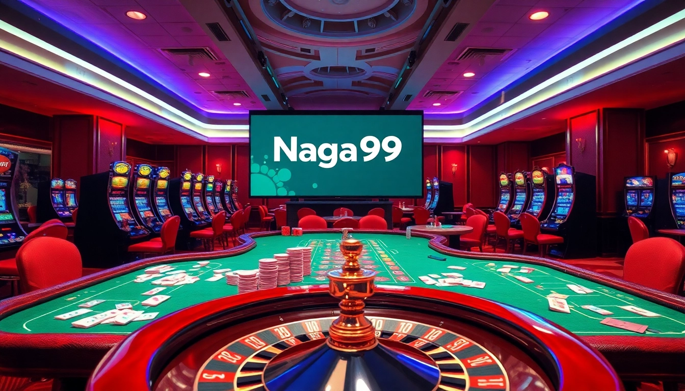 Naga99 players enjoy a vibrant casino atmosphere filled with high-stakes poker action and colorful slot machines.