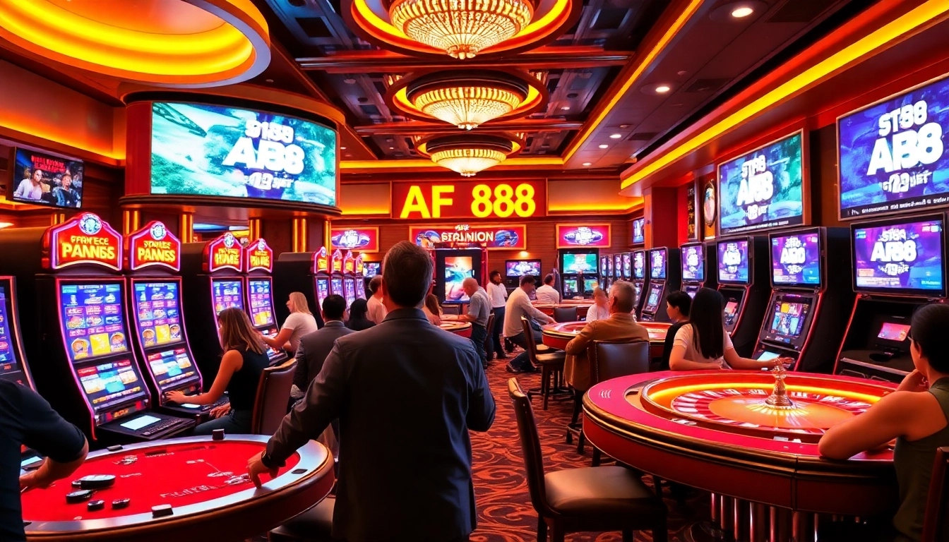 Players enjoying various casino games at AF 88, highlighting vibrant slot machines and poker tables.