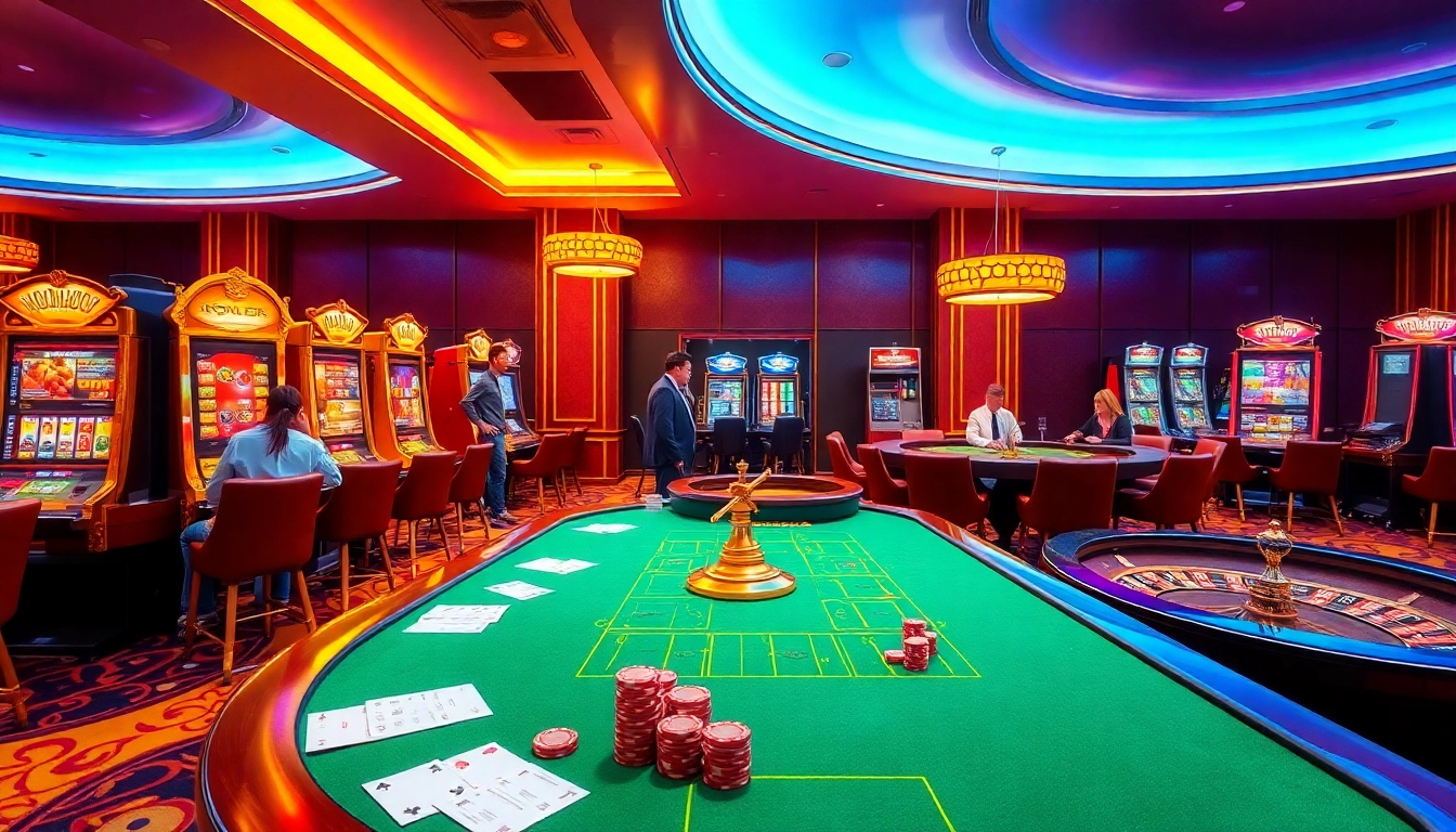 Experience the excitement of NOHU90 with players at vibrant casino tables and slot machines.