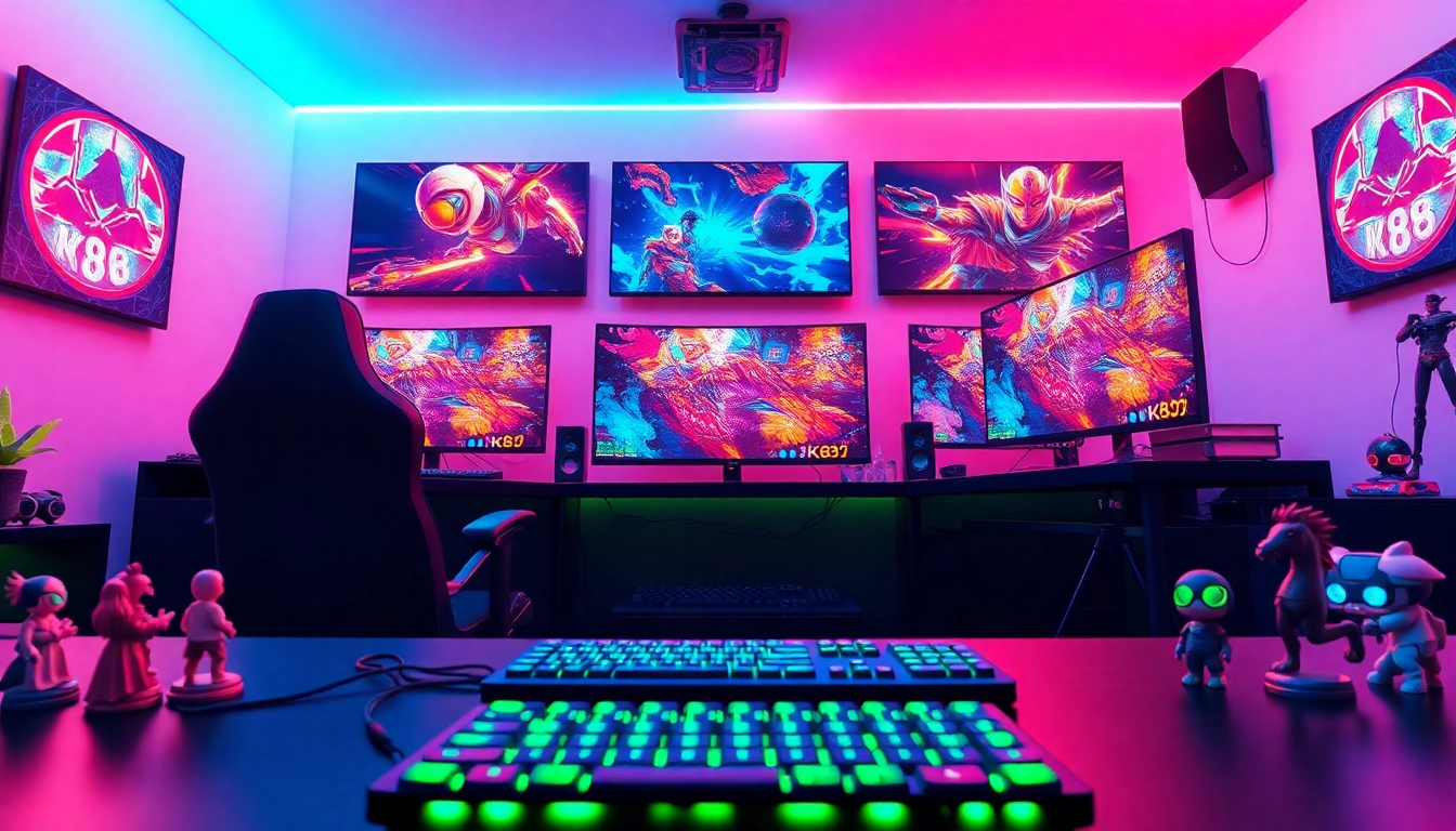 NK88 gaming setup with dual monitors, a vibrant atmosphere, and high-tech accessories.
