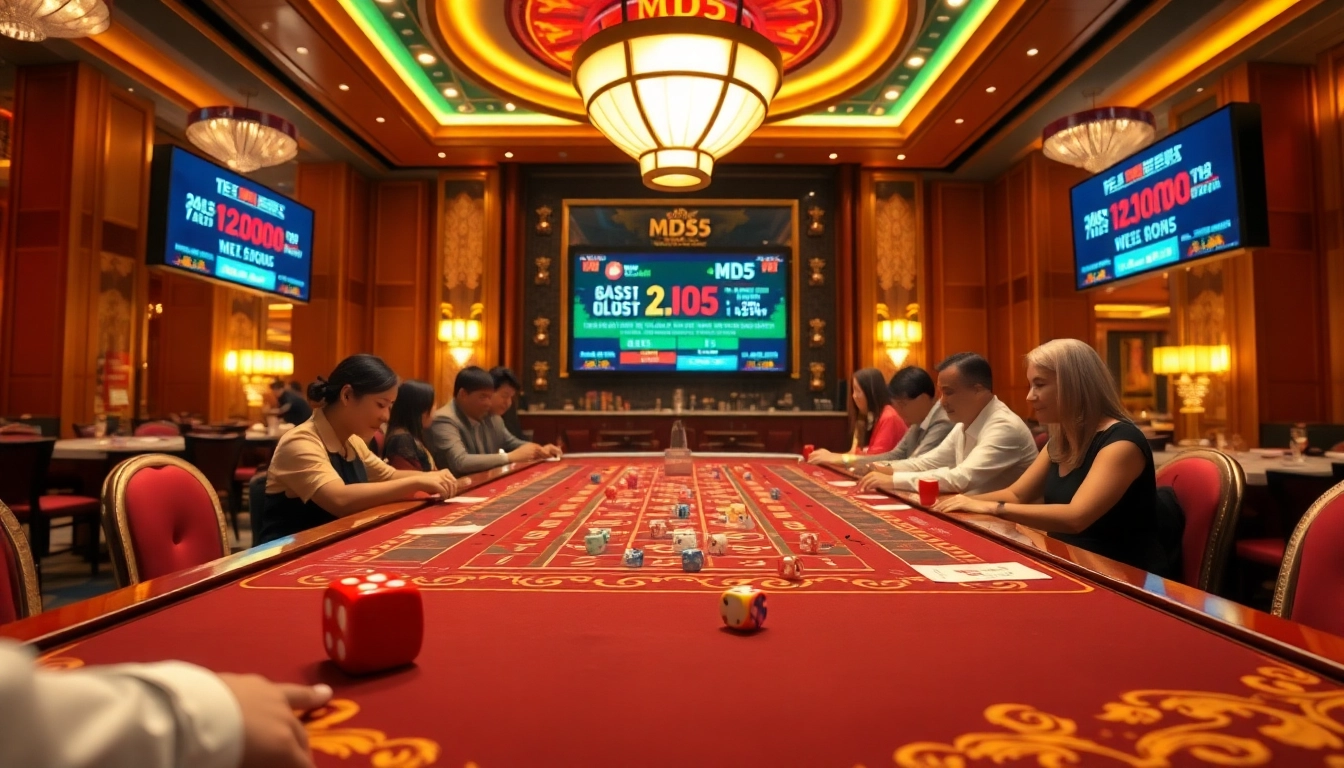 Players enjoying Tài Xỉu MD5 with colorful dice on a vibrant gaming table, emphasizing transparency and excitement.