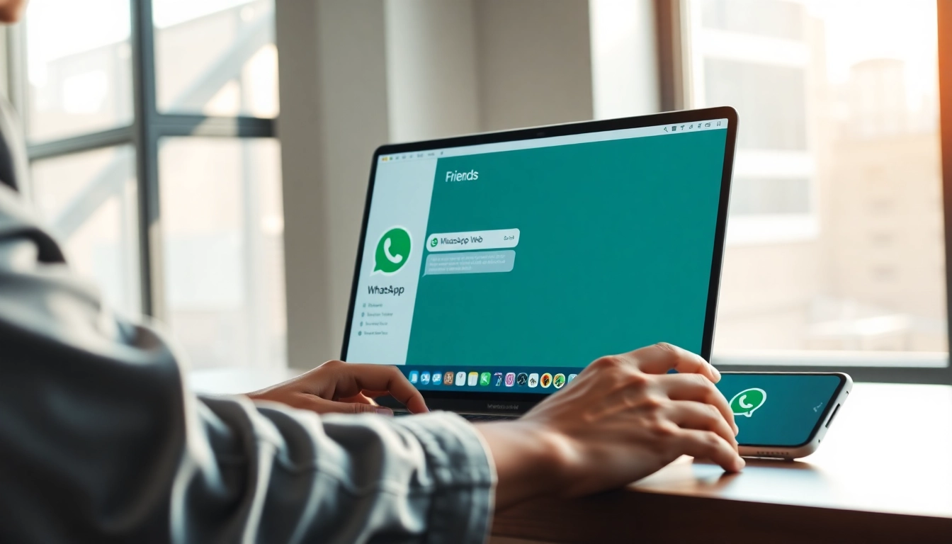 在笔记本电脑上展示 WhatsApp Web 的引人入胜的工作场景,体现快连官网在现代沟通中的应用。