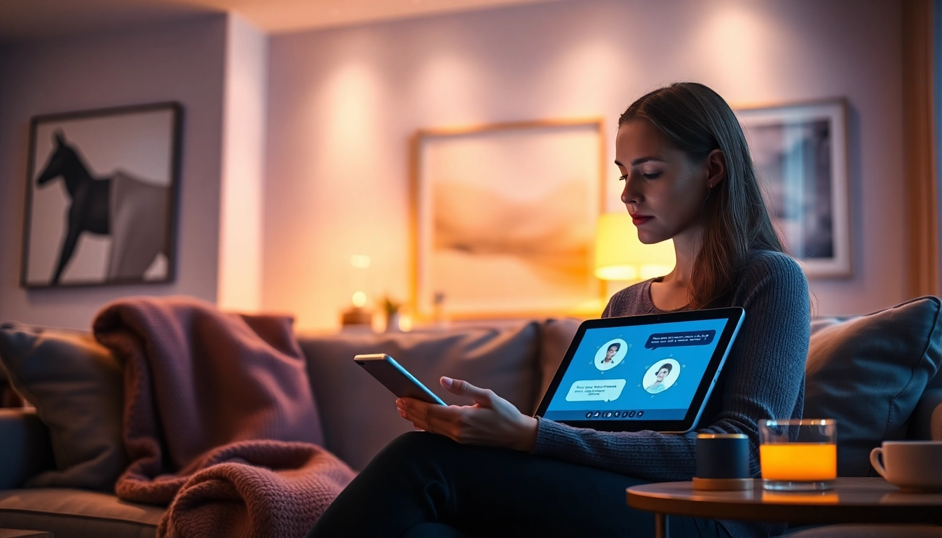 Engaging in ai sex chat with a digital chatbot in a cozy living room setting.