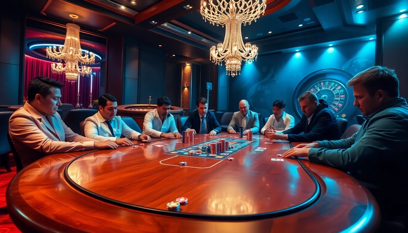 Engaged players strategizing during a poker game at GOOD88 Casino, showcasing excitement and action.