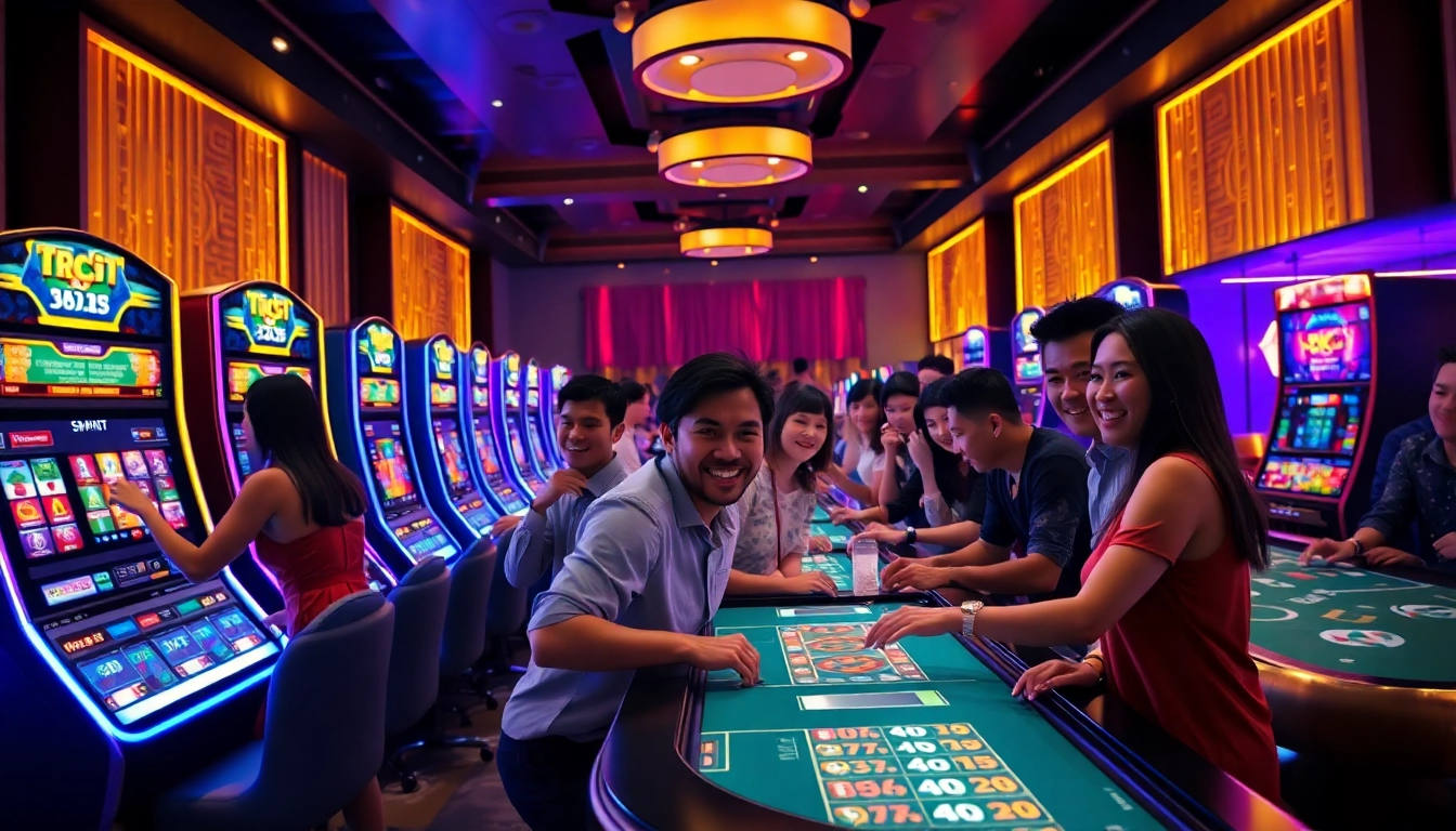 Experience the thrill of online gaming at Lucky88 with diverse players enjoying Sicbo and Baccarat in a modern lounge.