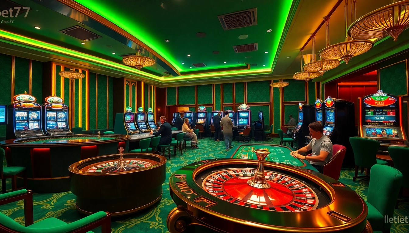 Players enjoying a thrilling game at Thabet77 casino tables with vibrant atmosphere.