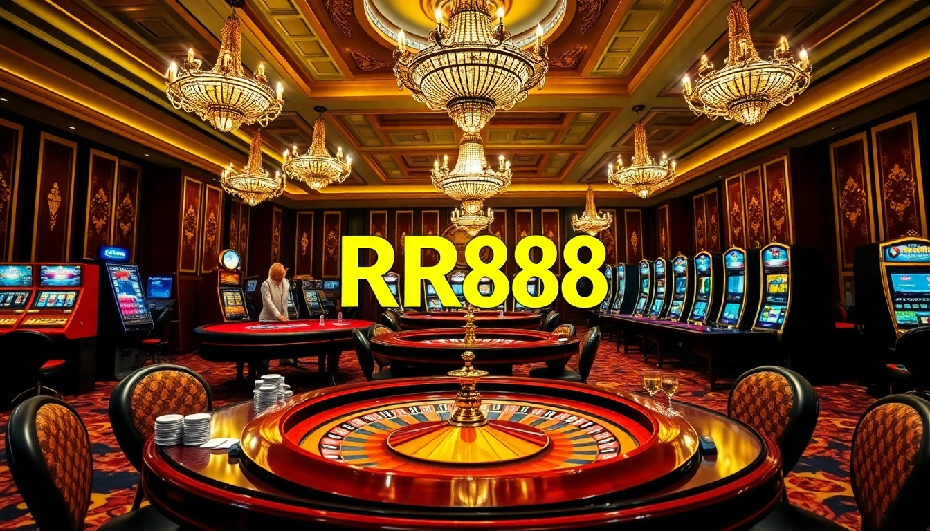 Players enjoy casino games at RR88, featuring vibrant tables, cards, and roulette.