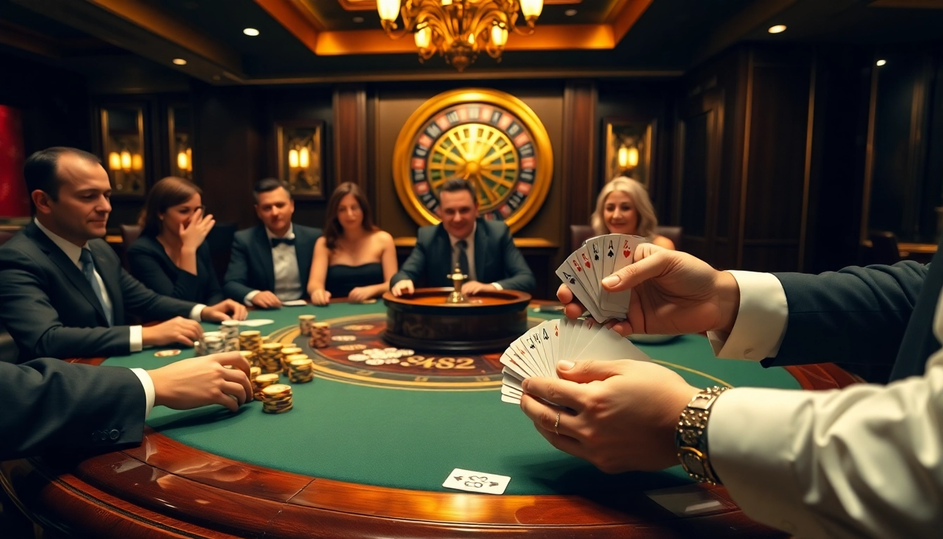 Experience the thrill of RR88 with engaging poker action at a luxurious casino table.