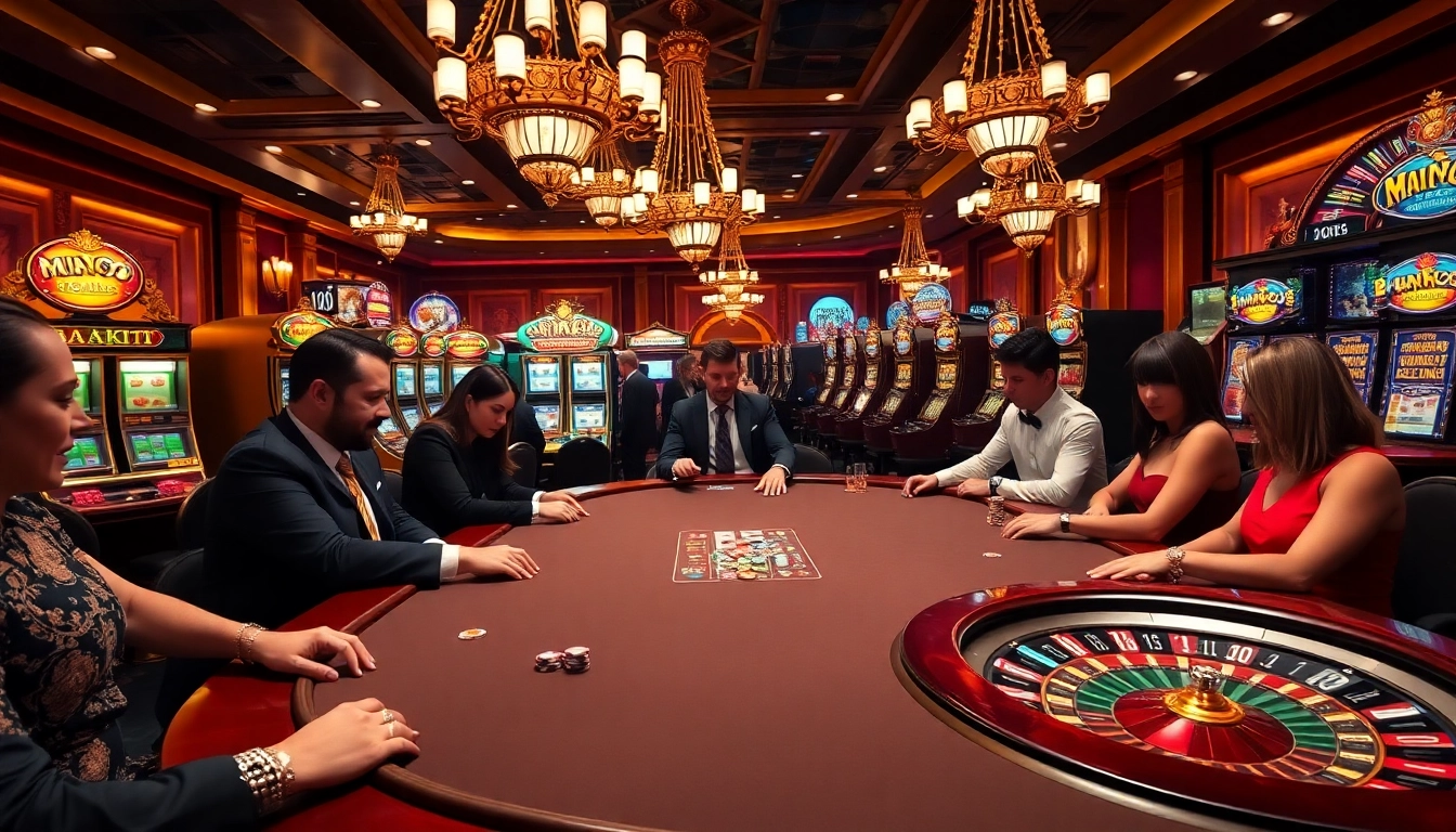 MMOO casino scene with poker players placing bets at a luxurious table, capturing the thrill of gambling.
