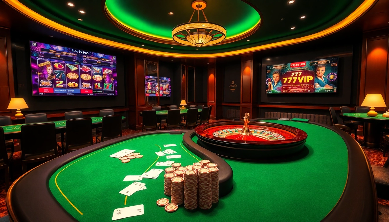 Experience thrilling games and promotions at 777VIP with engaging poker tables and vibrant chip stacks.