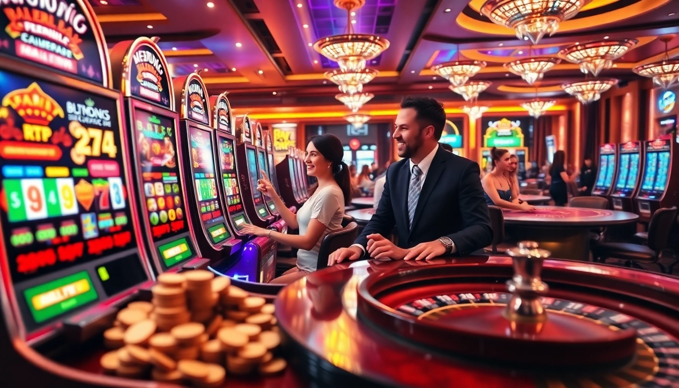 Players enjoying the thrilling slot machines experience at pen4d casino with vibrant lights and excitement.